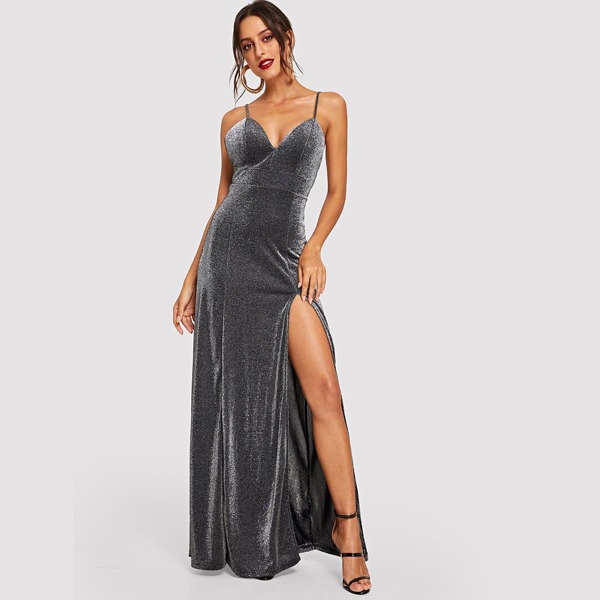 

High Split Glitter Cami Maxi Prom Dress