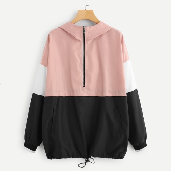 

Plus Half Placket Color Block Hooded Jacket, Multicolor