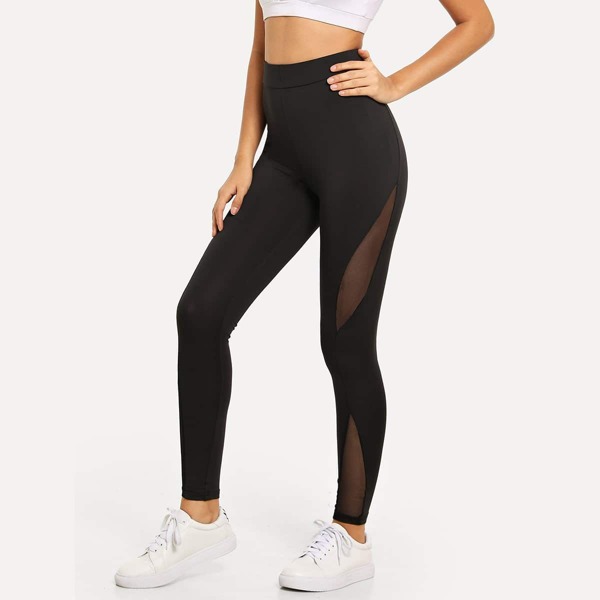 

Wide Waistband Mesh Insert Leggings, Black