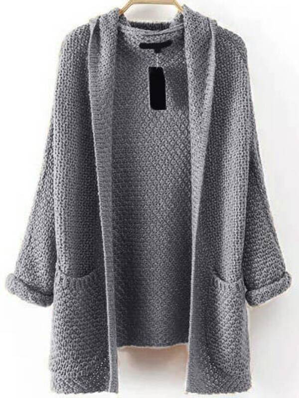 

Pocket Front Textured Hooded Sweater Coat, Grey
