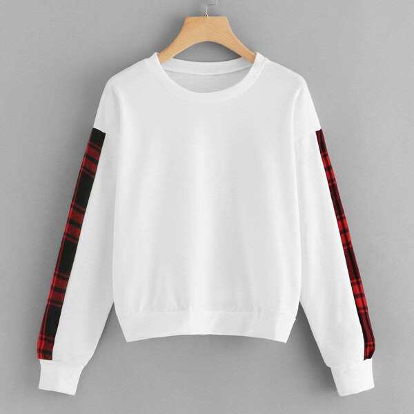 

Plaid Sleeve Drop Shoulder Pullover