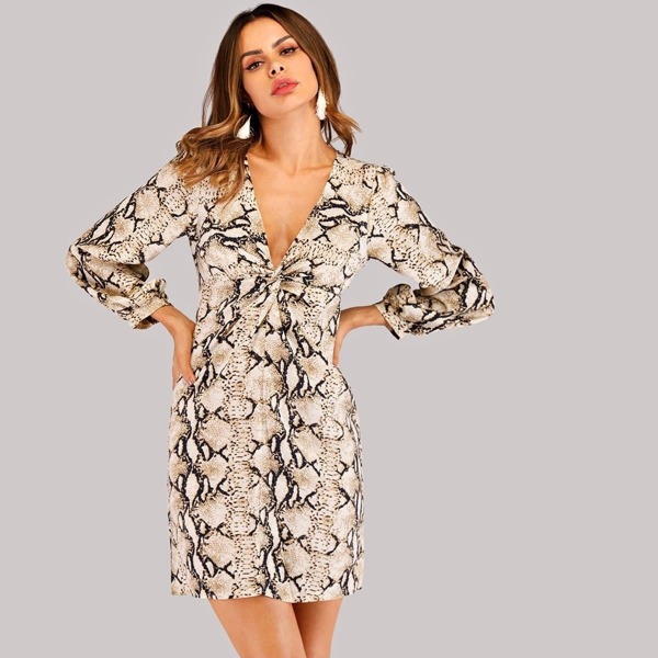 

Twist Front Snakeskin Plunging Dress