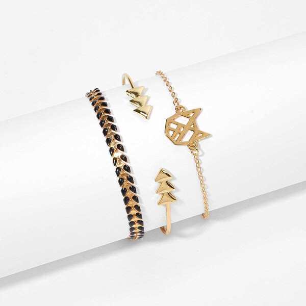 

Hollow Geometric & Leaf Design Bracelet Set 3pcs