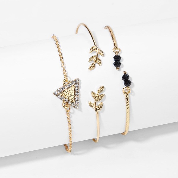 

Rhinestone Triangle & Leaf Bracelet Set 3pcs, Gold