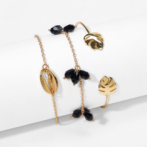

Tropical Leaf & Shell Bracelet Set 3pcs, Gold