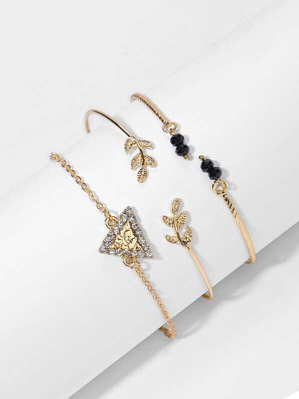 

Rhinestone Triangle & Leaf Bracelet Set 3pcs, Gold