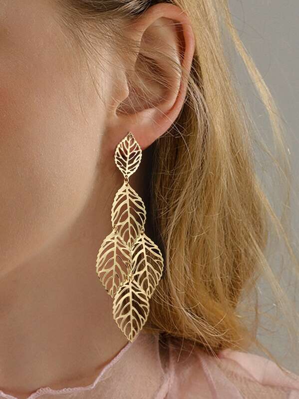

Layered Hollow Leaf Drop Earrings 1pair, Gold