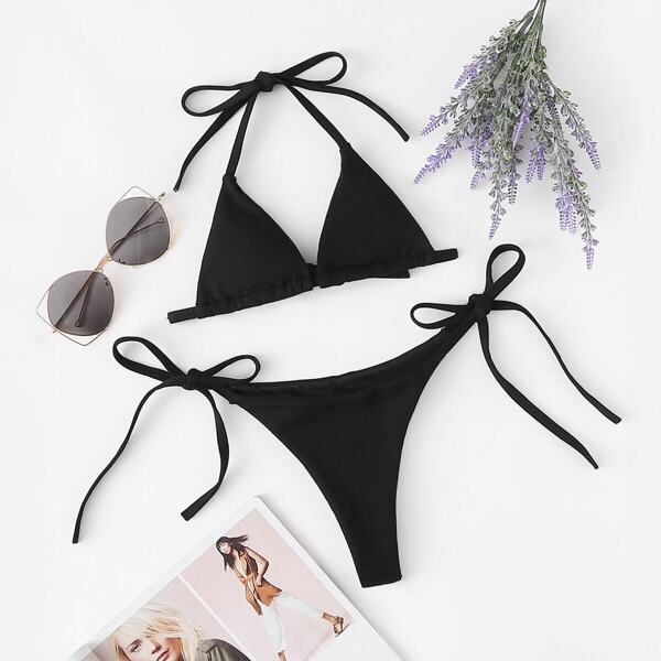 

Rib Halter Top With Tie Side Triangle Panty Bikini