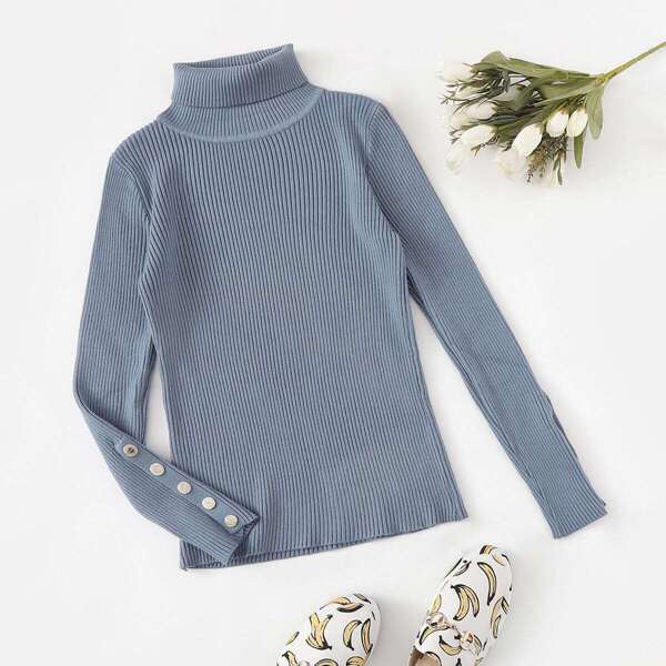 

Button Detail Rib Knit Trim Solid Jumper