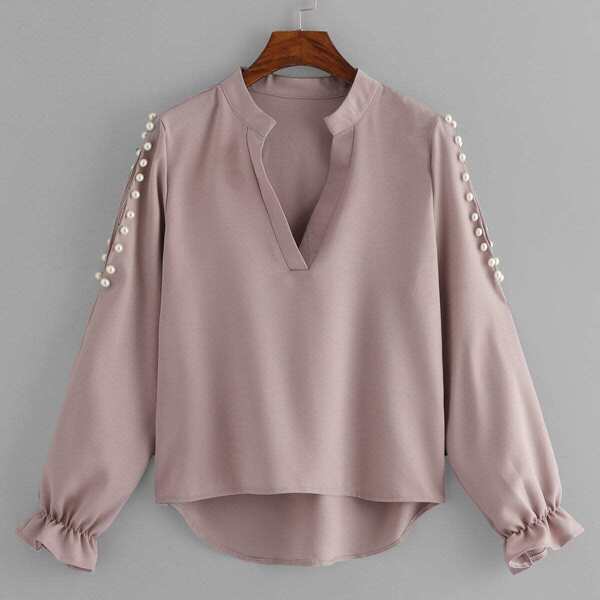 

Faux Pearl Sleeve Dip Hem Blouse