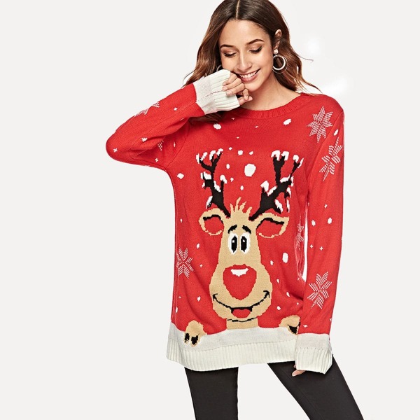 

Christmas New Year Print Long Jumper, Red