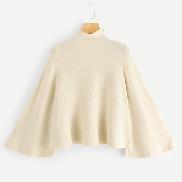

Mock Neck Bell Sleeve Jersey Sweater, Beige