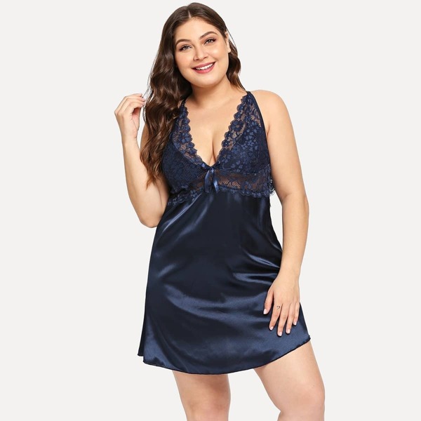 

Plus Crisscross Back Contrast Lace Night Dress, Navy