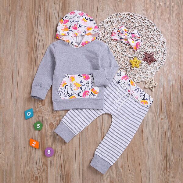 

Toddler Girls Floral Print Hooded Sweatshirt & Pants & Headband