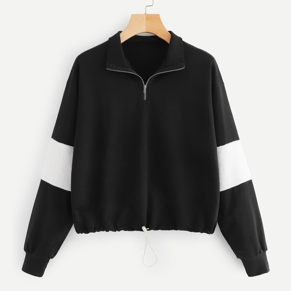 

Zip Front Drawstring Hem Sweatshirt, Black