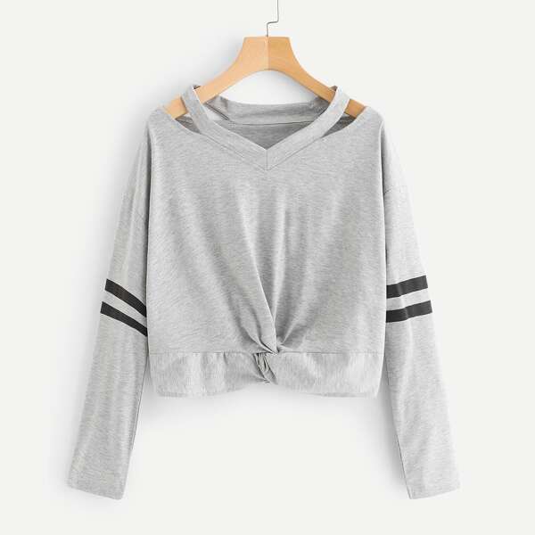 

Twist Front Cut Out Drop Shoulder T-Shirt, Grey