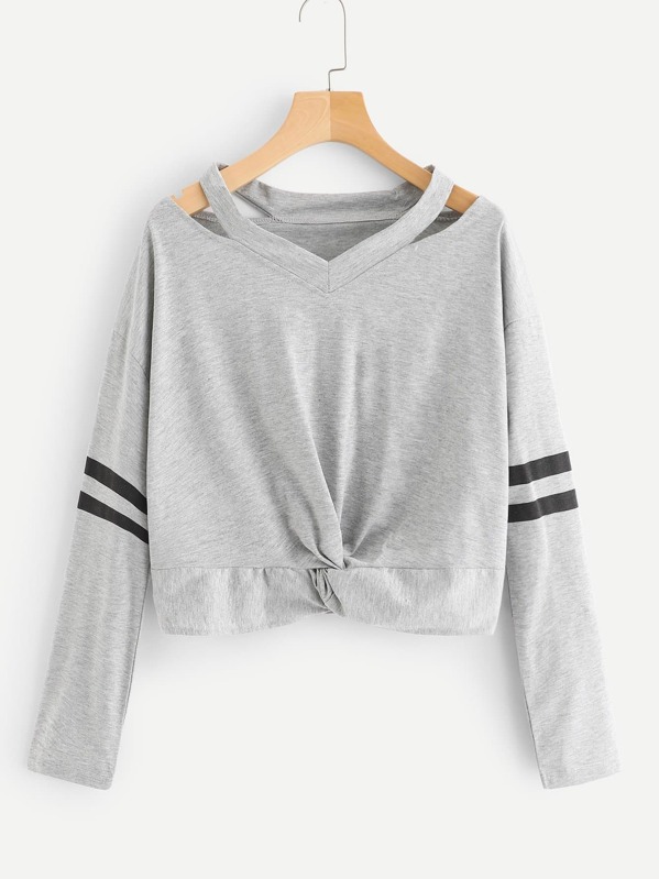 

Twist Front Cut Out Drop Shoulder T-Shirt, Grey