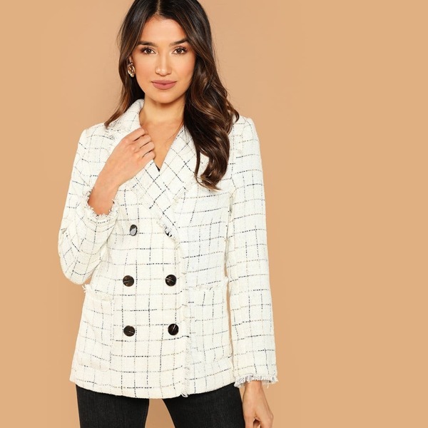 

Double Breasted Frayed Tweed Blazer, White