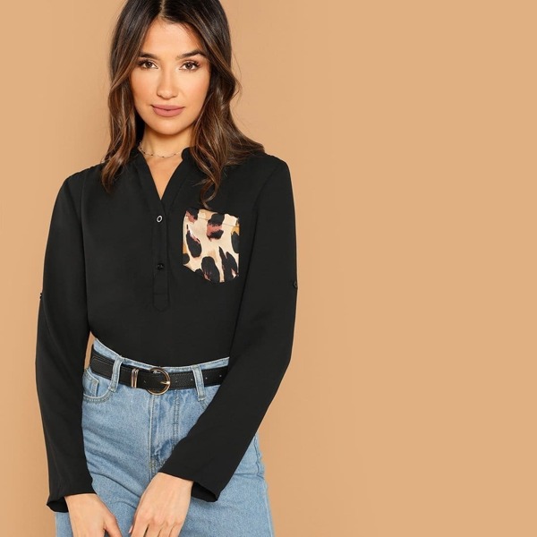 

Leopard Pocket Patched Curved Hem Shirt, Black