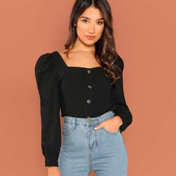 

Square Neck Button Up Puff Sleeve Top, Black