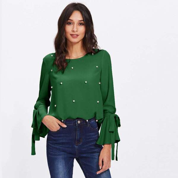 

Pearls Beaded Tie Flounce Sleeve Top, Green