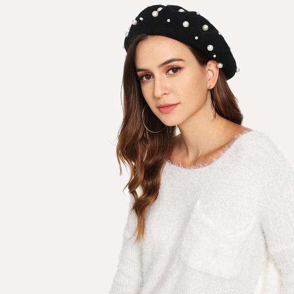 

Faux Pearl Embellished Beret Hat