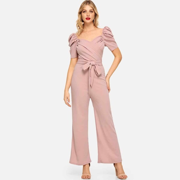 

Gathered Sleeve Surplice Neck Ruched Jumpsuit