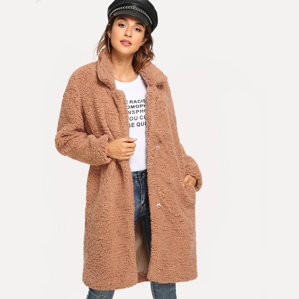 

Pocket Side Solid Teddy Outerwear, Nude