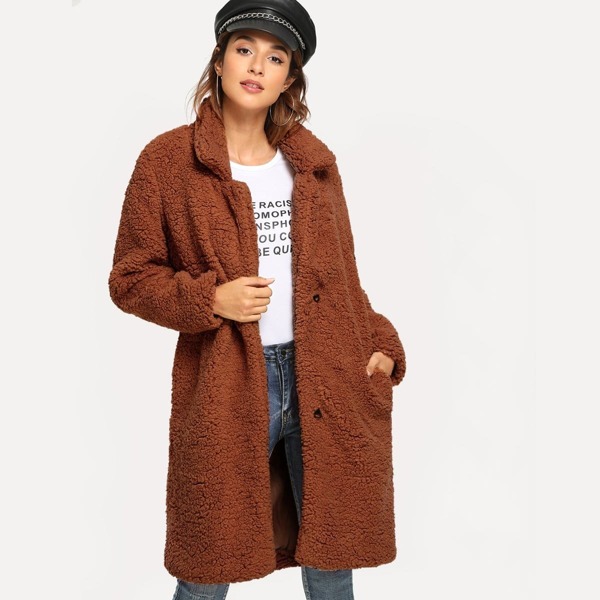 

Pocket Side Solid Teddy Outerwear, Brown