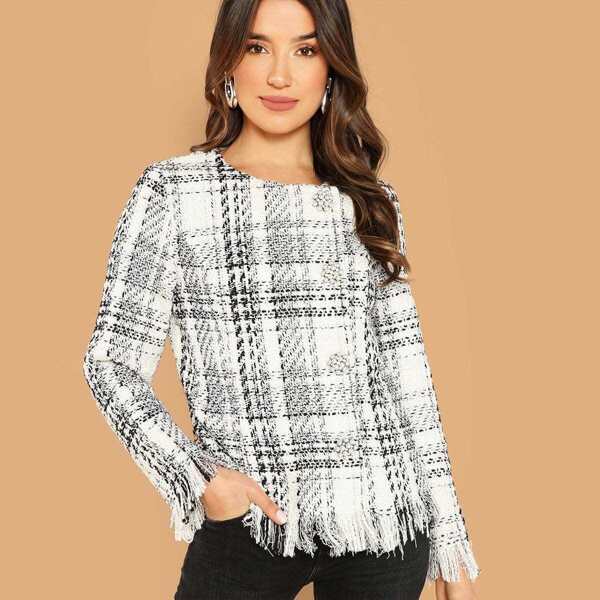 Button Up Raw Hem Tweed Coat, Black and white