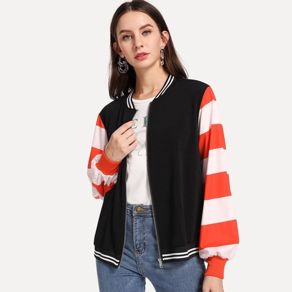 

Two Tone Sleeve Stripe Trim Jacket