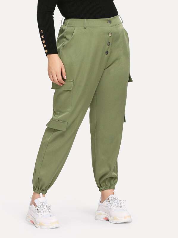 

Plus Pocket Detail Solid Pants, Army green, Carol