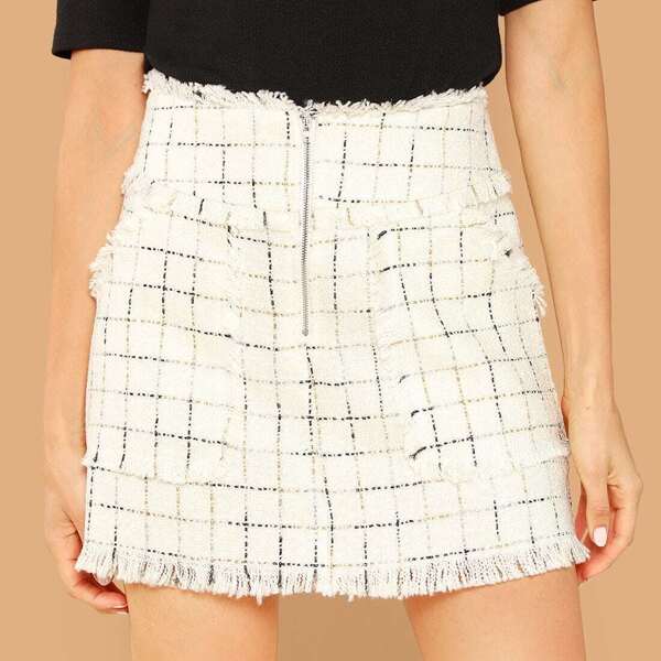 

Frayed Trim Plaid Tweed Skirt, White