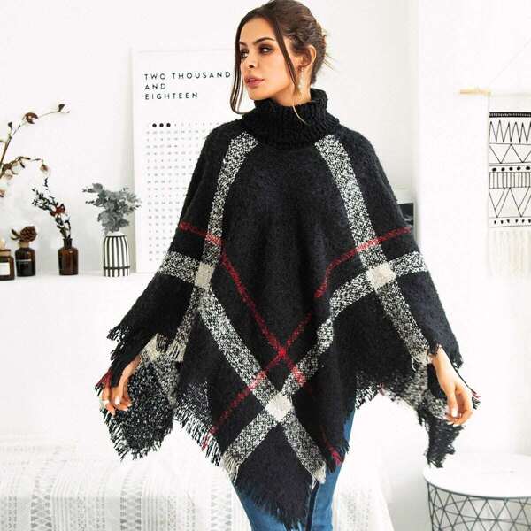 

Plaid Fringe Hem Poncho Sweater, Black