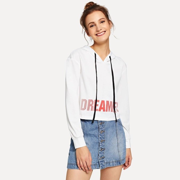 

Drawstring Letter Print Crop Hoodie