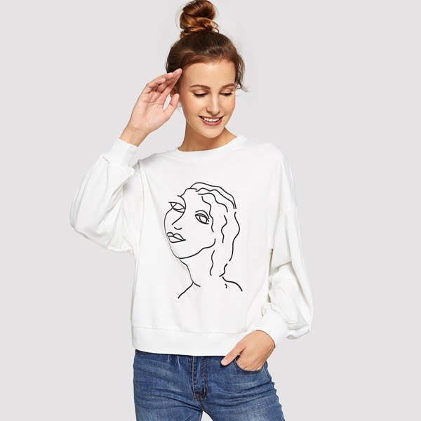 

Drawstring Sketch Print Pullover