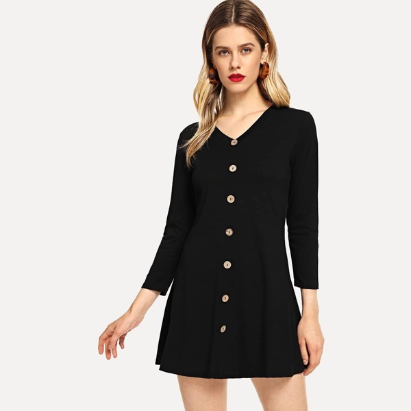

Button Through Solid Dress, Black