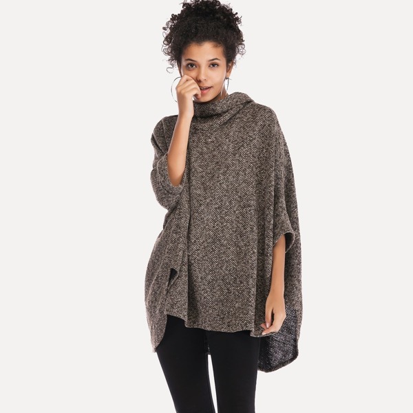 

Asymmetrical Batwing Sleeve High-Neck Sweater, Grey