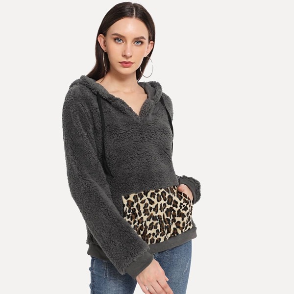 

Leopard Print Kangaroo Pocket Teddy Sweatshirt, Multicolor