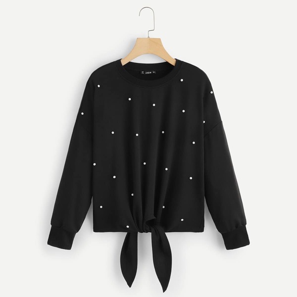 

Knot Front Pearl Embellished Pullover, Black
