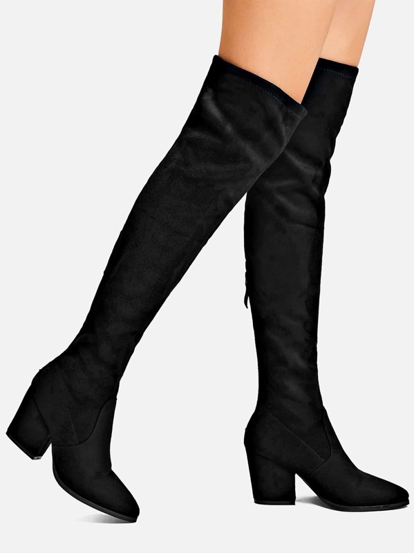 

Back Zipper Block Heeled Suede Boots, Black