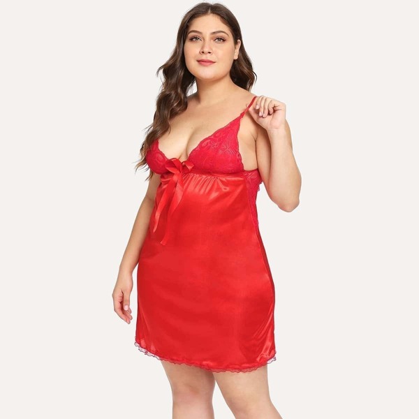

Plus Contrast Lace Cut-out Satin Slips With Thong, Red bright