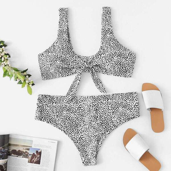 

Plus Knot Front Top With Dot Print Bikini Set, Black and white