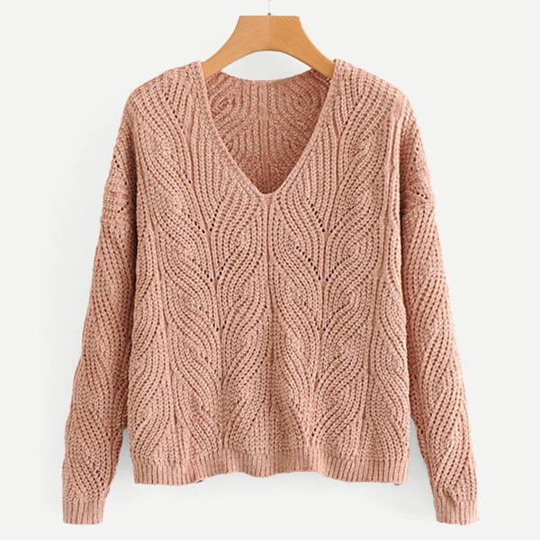 

V-Neck Hollow Out Chenille Jumper, Pink