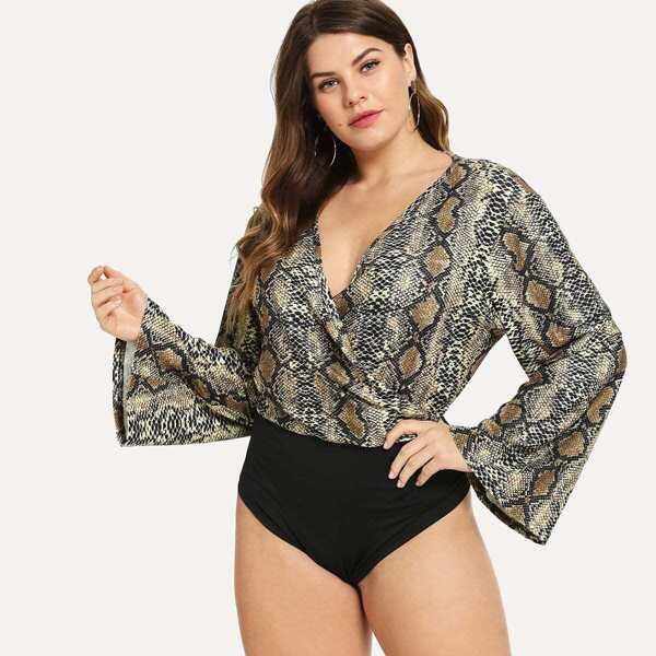 

Plus Snake Print Keyhole Back Wrap Bodysuit