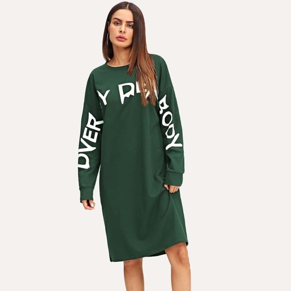 

Letter Print Drop Shoulder Sweatshirt Dress, Green