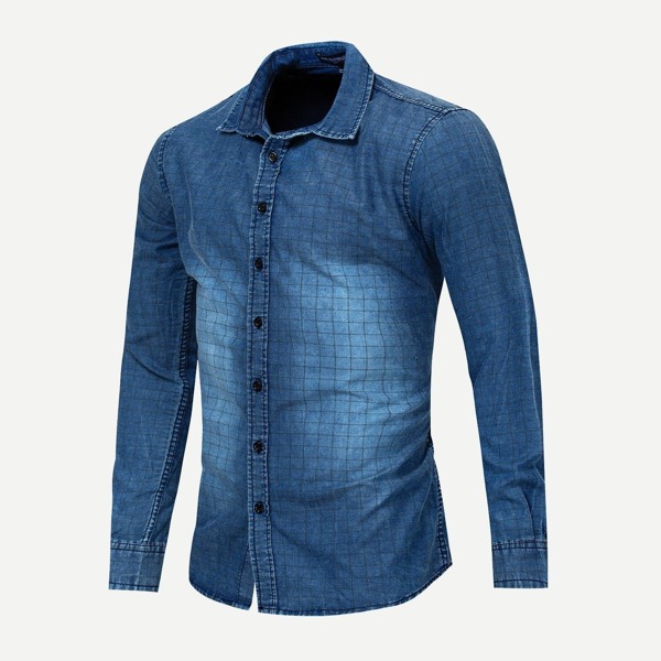 

Men Plaid Print Wash Denim Shirt, Blue