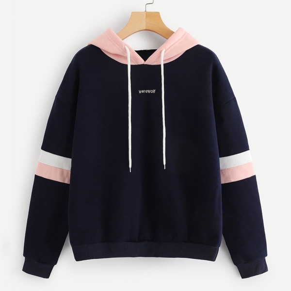 

Contrast Panel Drawstring Hoodie, Navy blue