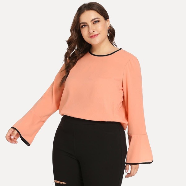 

Plus Bell Sleeve Contrast Trim Blouse