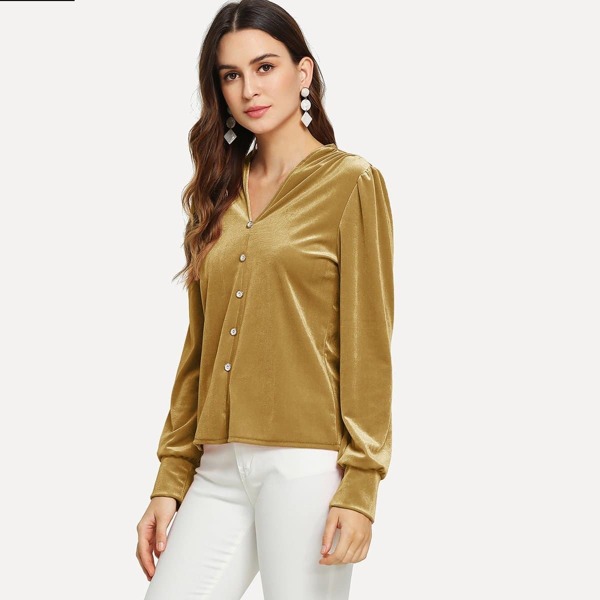 

Button Front V-Neck Velvet Blouse